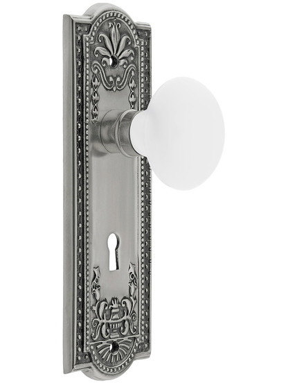 Meadows Style Mortise Lock Set in Antique Pewter with White Porcelain Door Knobs.